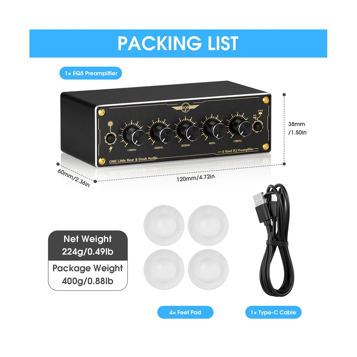 EQ5 2.0 Channel Mni 5-Band Analog EQ Preamp Audio Equalizer Home/Car Audio Processor Stereo Pre-Amplifier