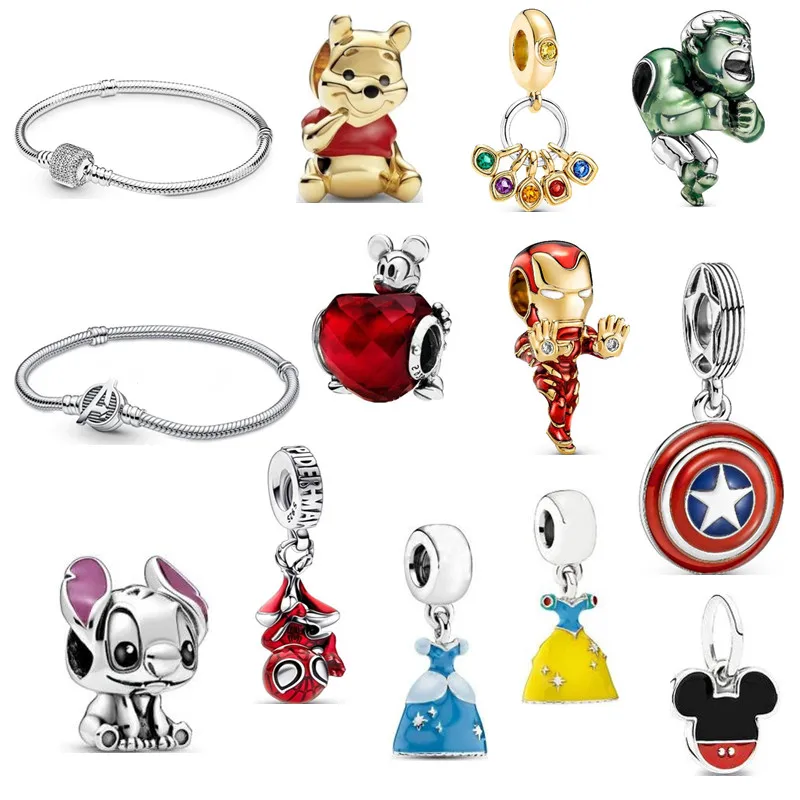 Disney 925 Silver Charm Fit Pandora Bracciale Mickey Minnie Cartoon Gioielli Fatti A Mano Accessori Con Perline Fai Da Te Per Le Donne