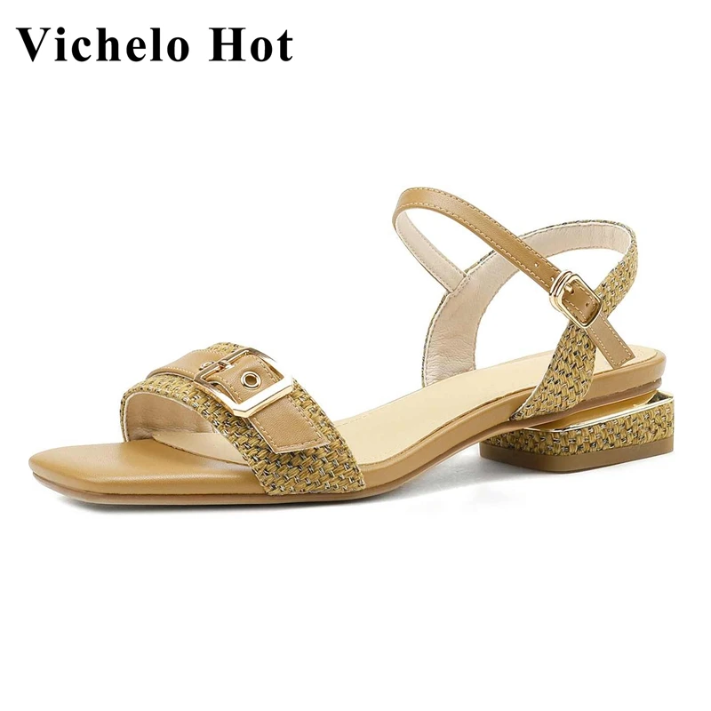

Vichelo Hot Summer Genuine Leather Peep Toe Low Heel Young Lady Daily Wear Fashion Concise Style Buckle Strap Women Sandals L72