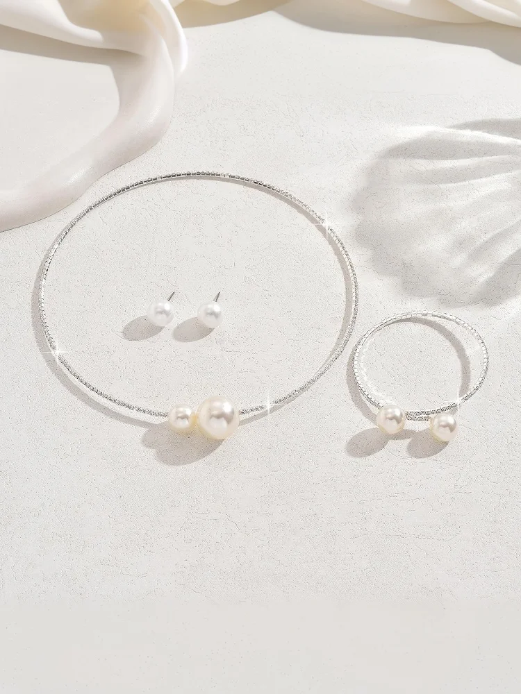 2Pcs Modische Klassische Hochzeit Schmuck Sets Für Frauen Perle Strass Halskette Armband Zubehör Geschenk – Detail 9