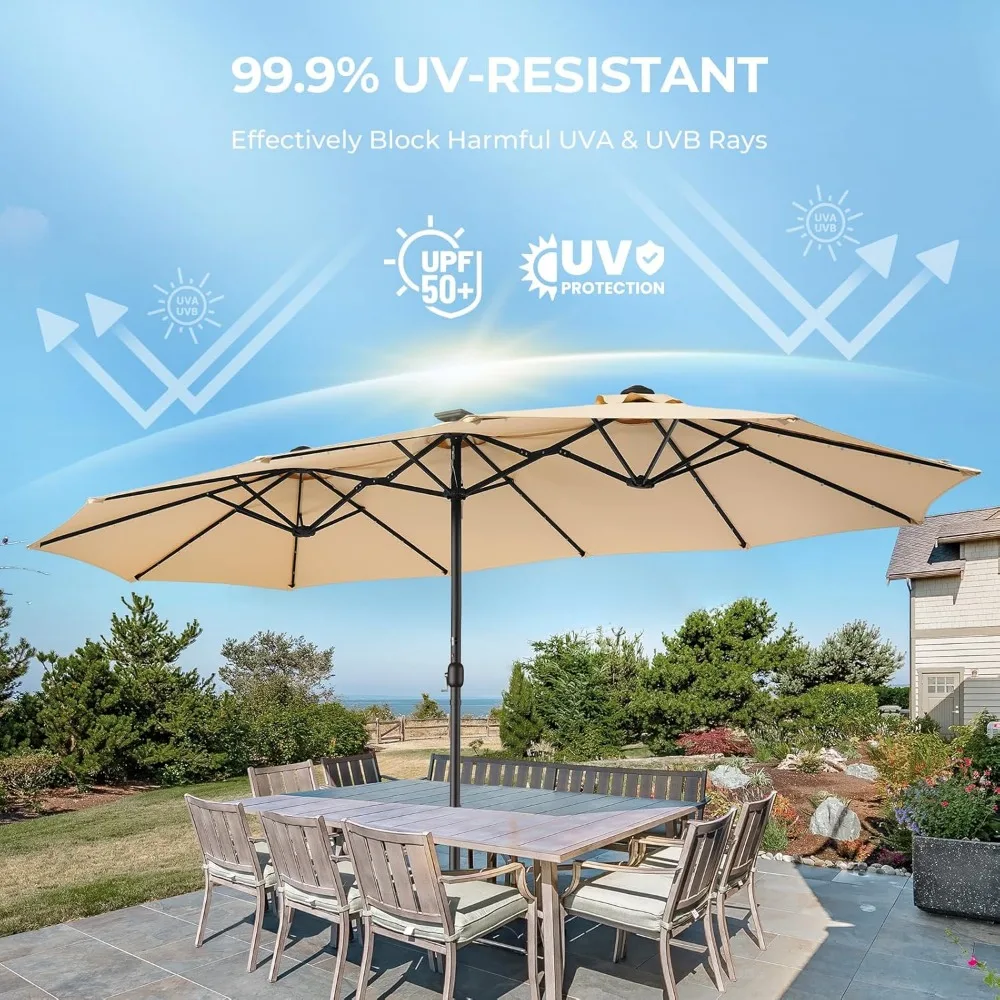 Double Sided Patio Umbrellas - 15ft Solar Lights LED Lighted Outdoor Extra Large Market Table Umbrella with Base Included 3