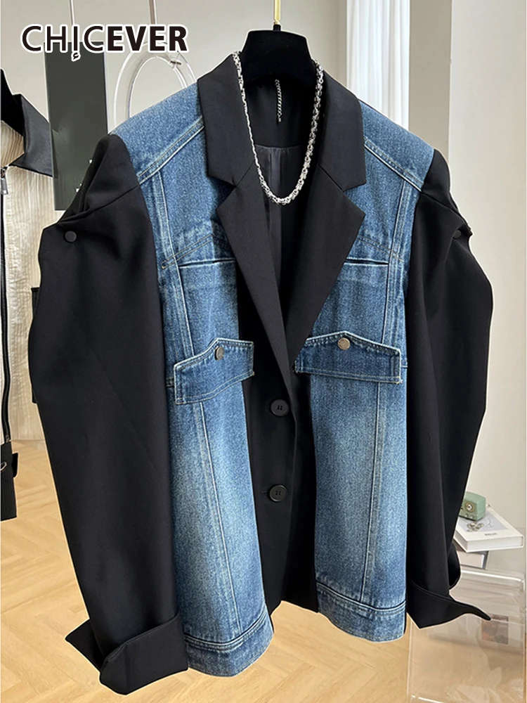 

CHICEVER Casual Temperament Blazers For Women Notched Collar Single Breasted Patchwork Denim Fashion Loose Blazer Female 2023
