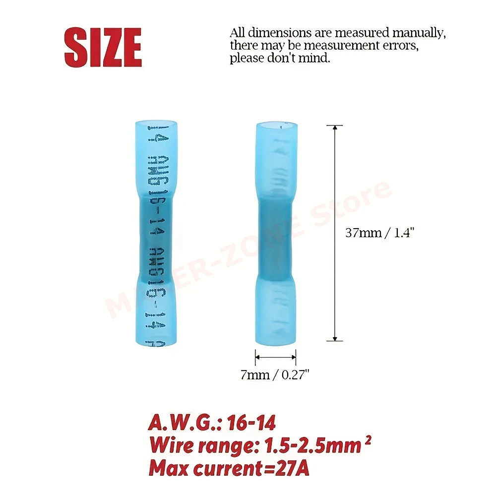 100Pcs of Blue Red Heat Shrink Butt Connector 16-14 22-16 AWG Insulated Waterproof Marine Automotive Wire Crimp Terminal
