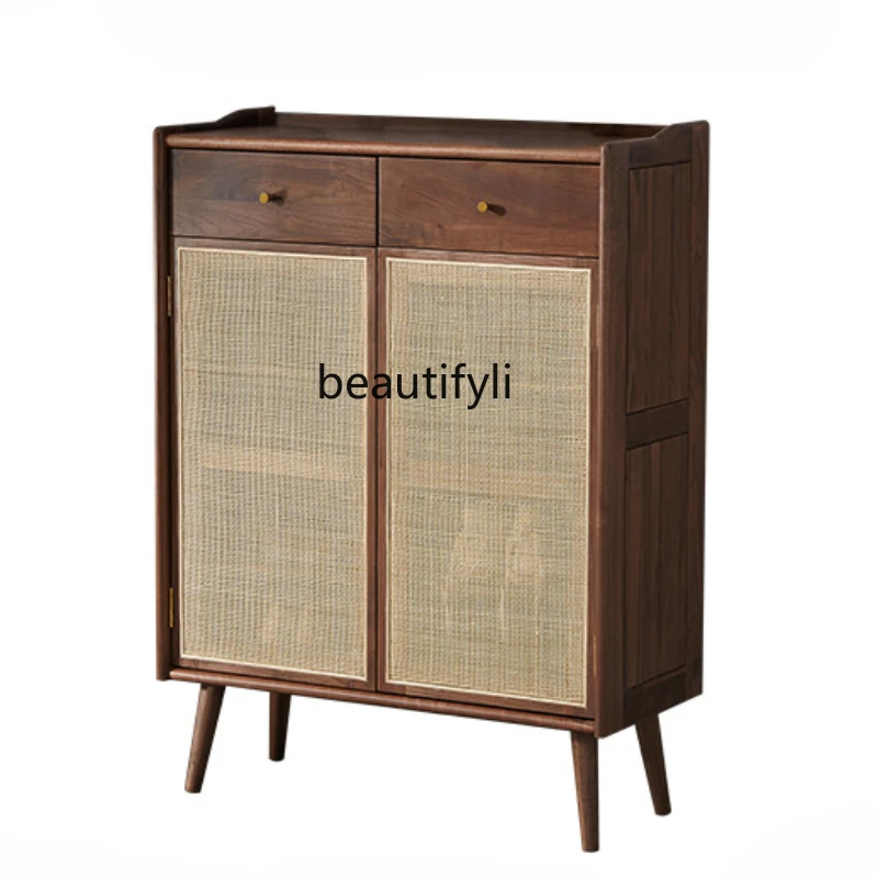 

North America Black Walnut Wooden Shoe Cabinet Solid Wood Living Room Door Rattan Storage Entrance Cabinet Locker