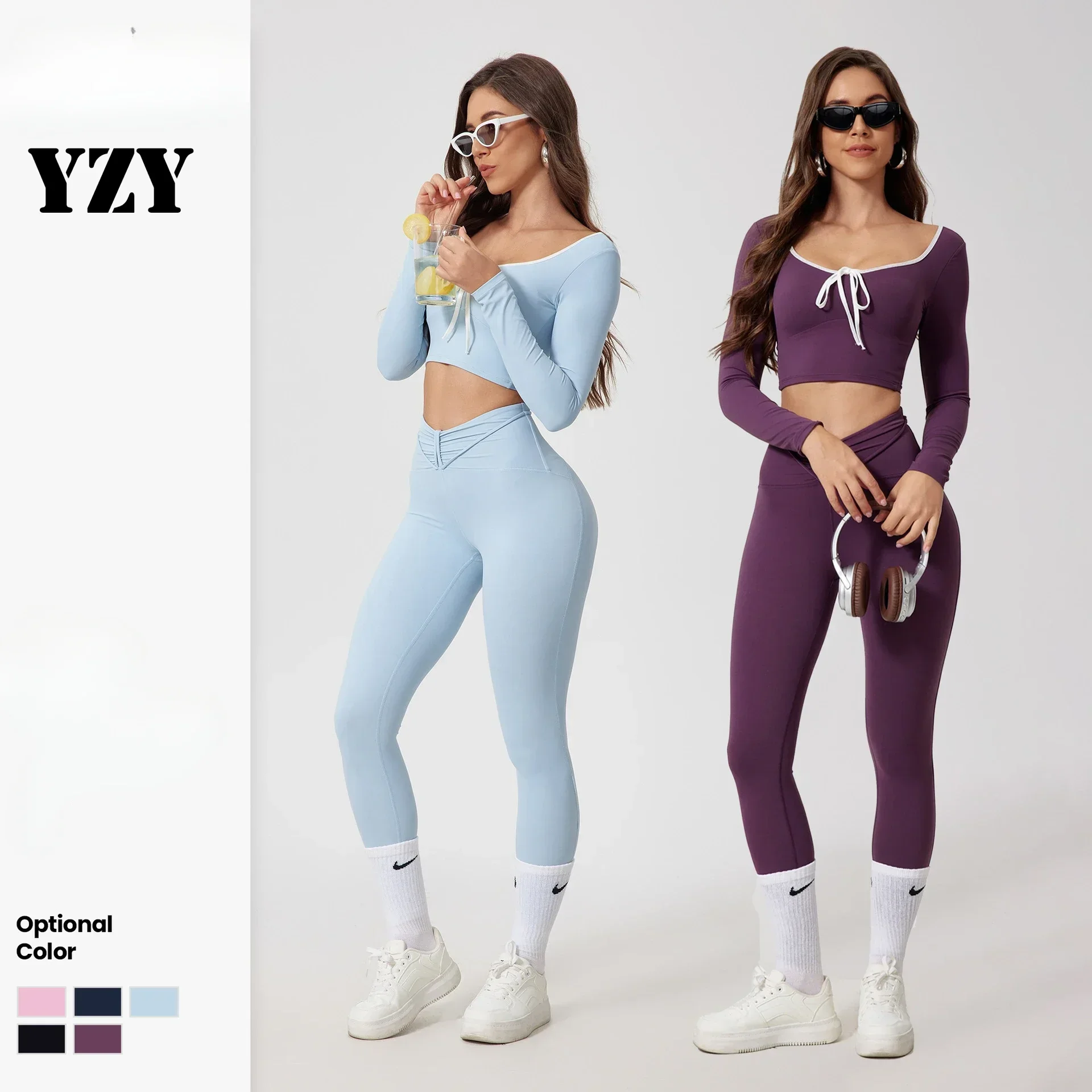 Yoga sets high waist hip lifting long sleeve running workout gym leggings set for women.
