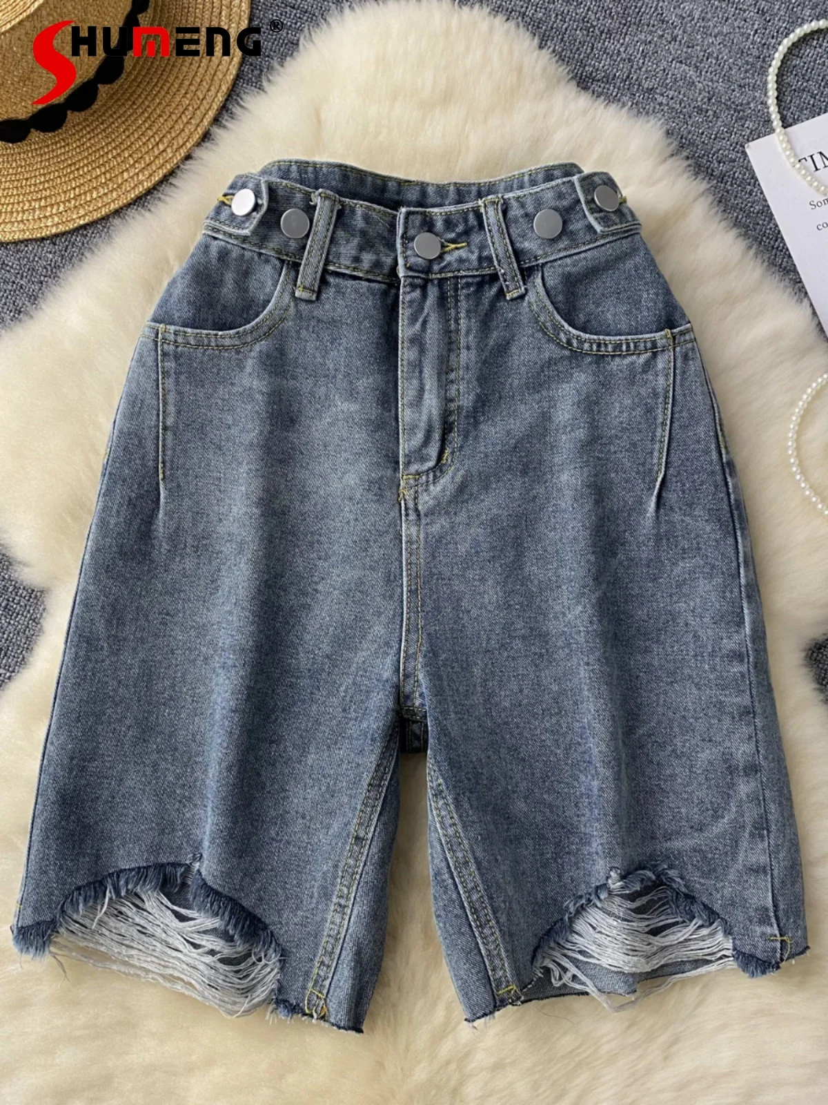 Fashion Hot Girl Denim Shorts Women's 2024 Summer New Retro Wide Leg Jeans Pocket Zipper Waist-tight Versatile Denim Short Pants