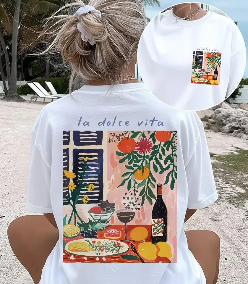 Trendy La Dolce Vita Graphic T Shirt Women Summer Retro Aesthetic Harajuku Streetwear Style Casual Fashionable Daily Girl Top