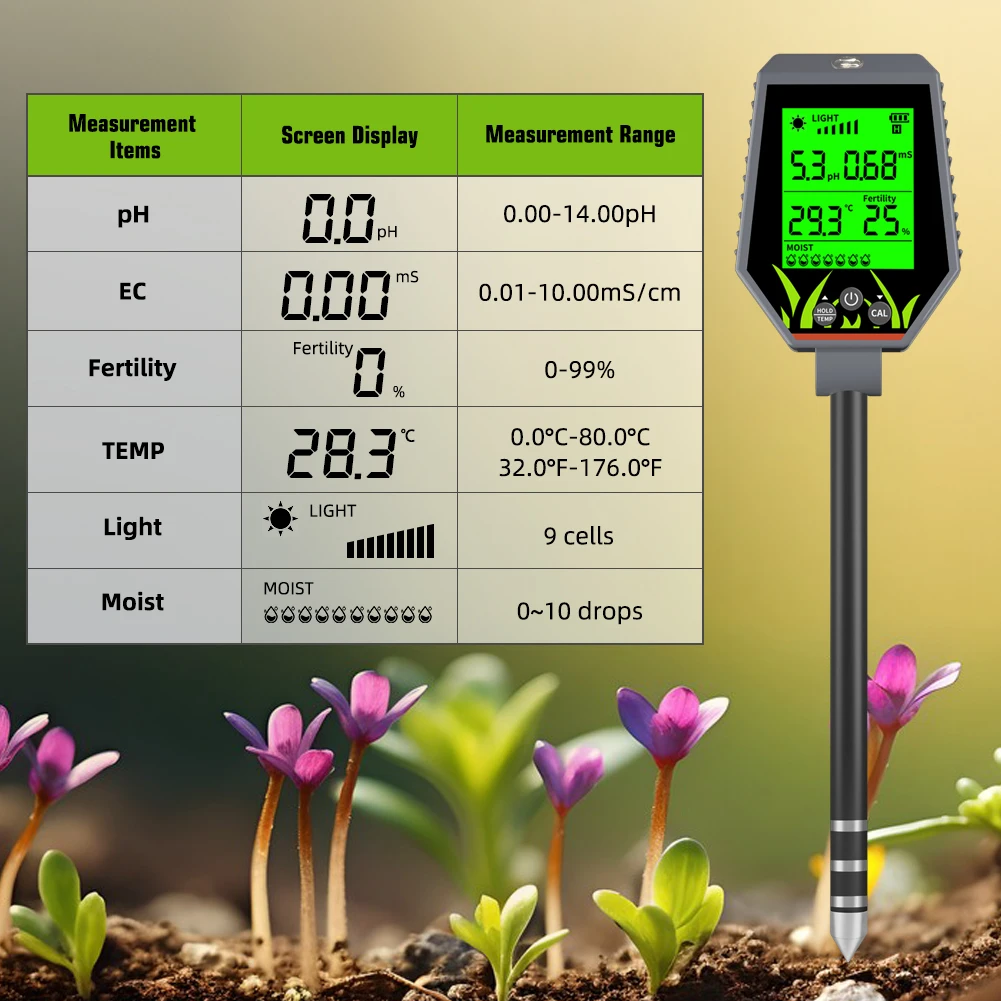 Soil Meter Digital pH Moisture Fertility Light Temp Humidity Analyzer for Garden