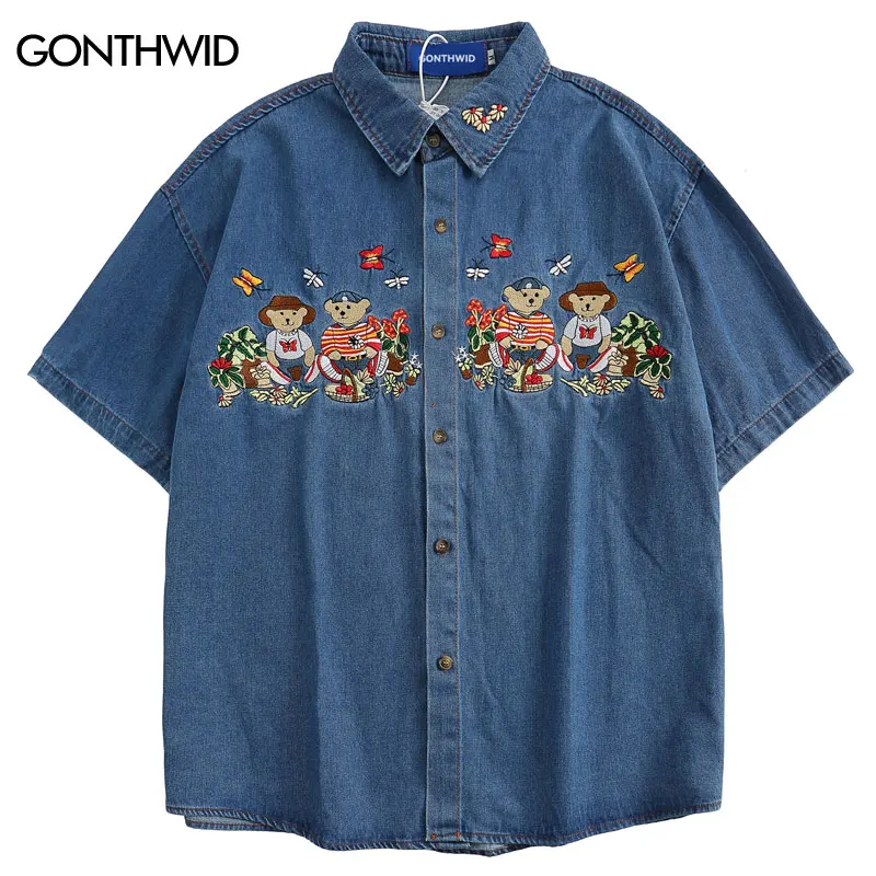 

Harajuku Blue Denim Shirt Y2K Men Summer Embroidery Teddy Bear Flowers Short Sleeve Cotton Shirts Coats Vintage Jean Jacket Tops