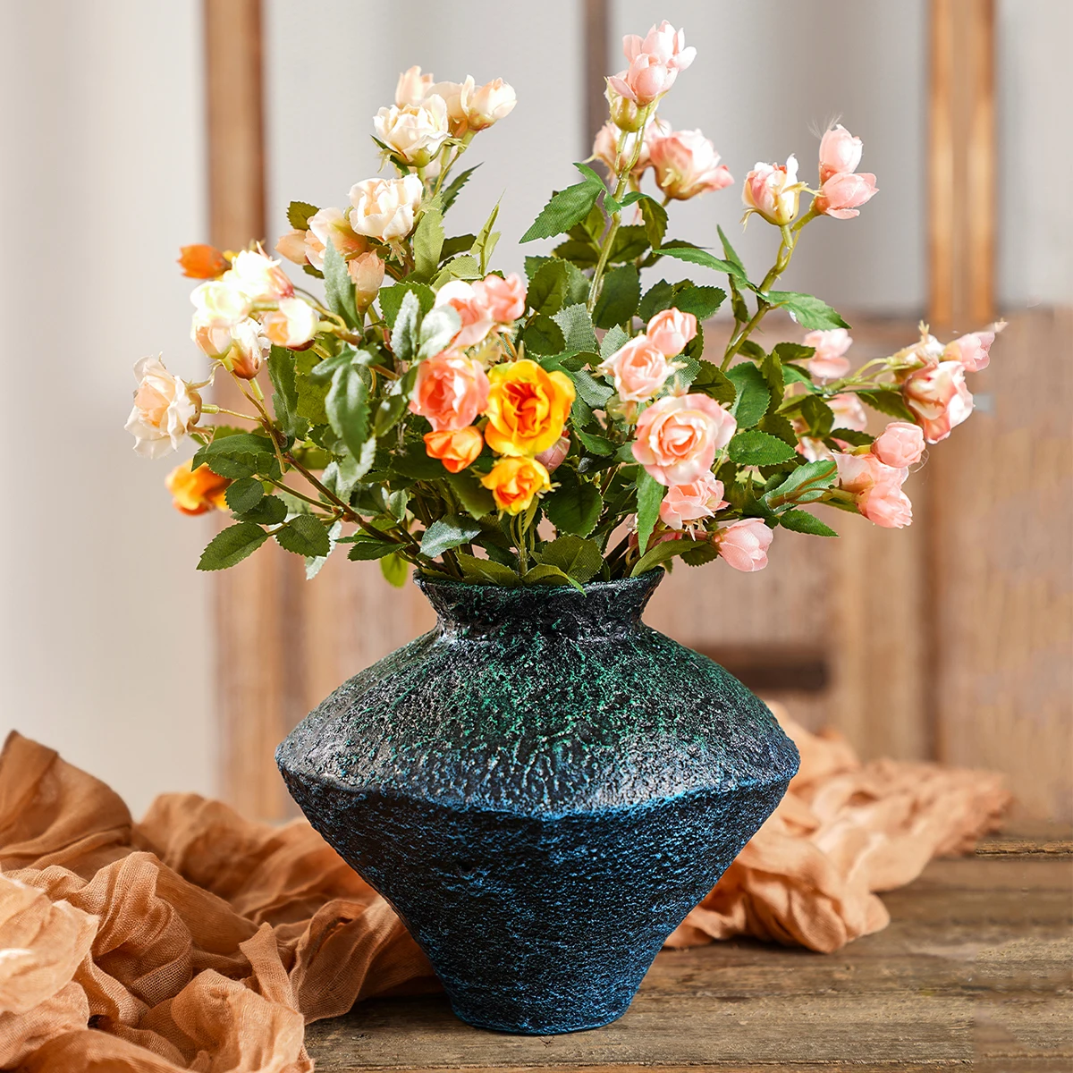 1PC, a retro earthenware jar shaped decorative vase, a retro style blue-green resin material decorative vase