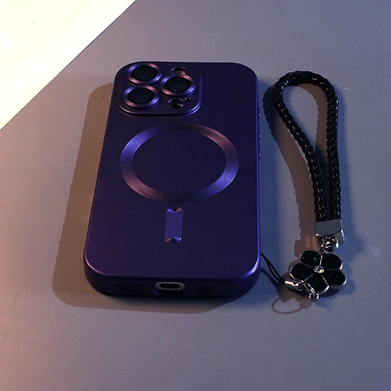 Luxury Matte Magnetic Wireless Charging Case with Strap - Soft TPU Cover