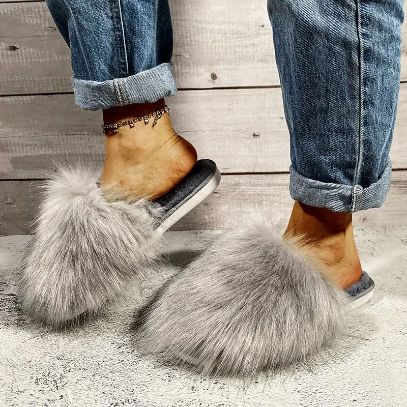 Fashionable New Round Headed Warm Casual Cotton Slippers for Women in Winter Non Slip Comfortable and Sexy Flat Bottom Fur Shoes