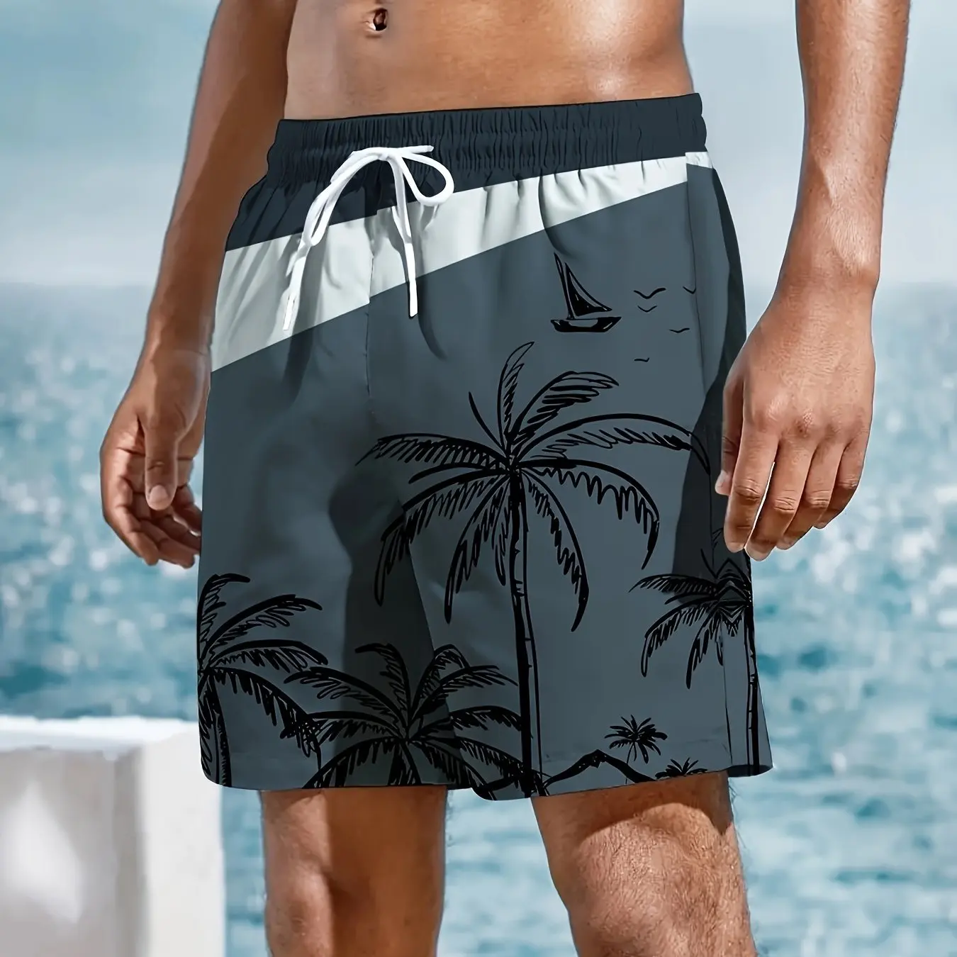 2024 Summer Men's Beach Shorts Coconut Tree Graphic Print Drawstring Shorts  Holiday Beach Trunks New Quick-Drying Sports Pants