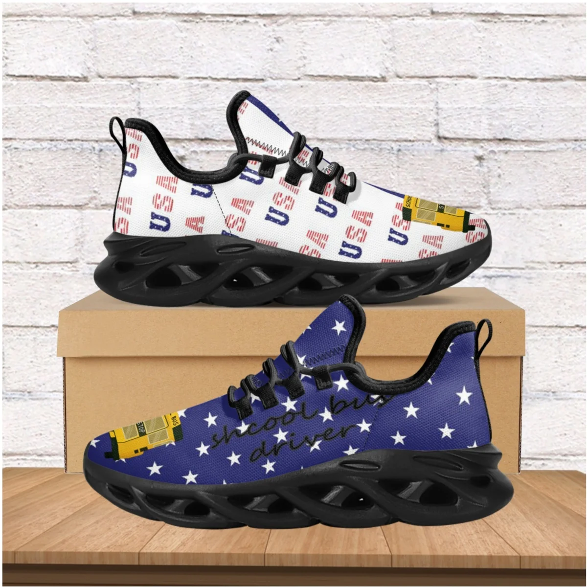 

School Bus Driver Design Comfortable Mesh Shoes American Flag Printing Lace-up Shoes New Summer Non-slip Breathable Sneakers