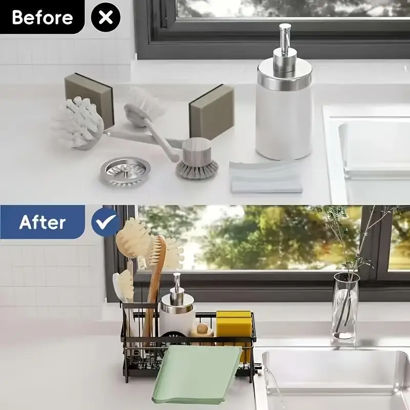 Kitchen Sink Sponge Rack 304 Stainless Steel, Self-Draining Organizer for Dish Brush/Soap/Scrub Storage, Bathroom Countertop Ho