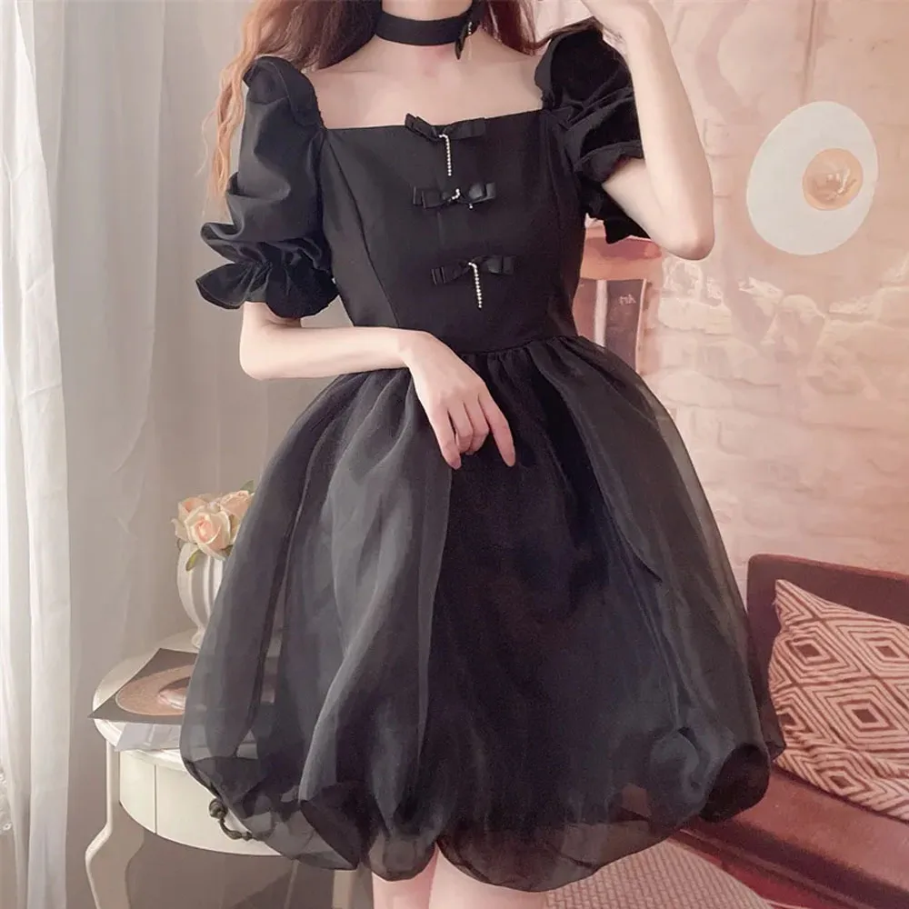 

Women Sweet Vintage Mesh Patchwork Bow High Waist Dress Sissy Y2k Harajuku Goth Cosplay Cross dresser Party S-5XL