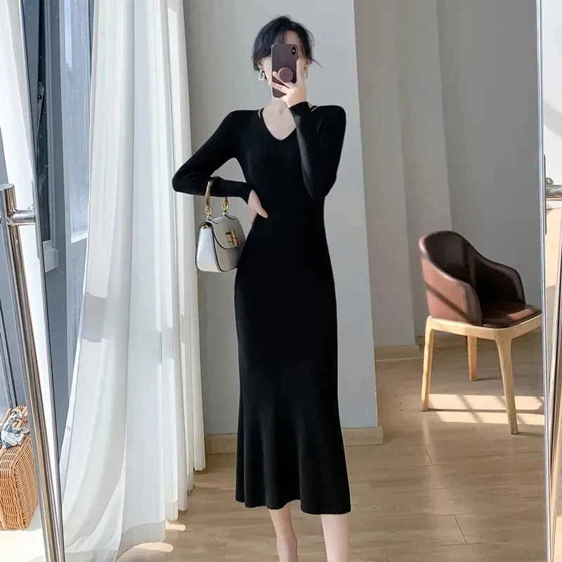 

Vintage Winter Knitting Dresses for Women Sexy Strapless O-neck Long Sleeve Robe Femme Side Split Button Vestido Spring 2024 New