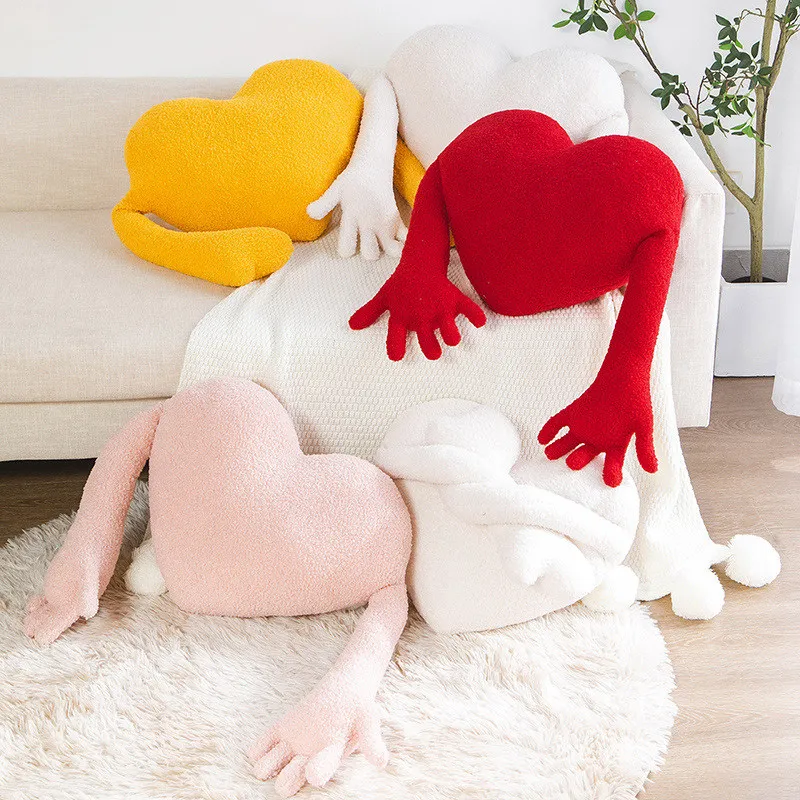 Creative Funny Red Love Heart Plush Pillow Cushion Modern Sofa Decor Hearts with Long Arms Plushies Soft Kids Toys Home Decor soft red heart smile ghost throw pillow plush toy stuffed evil magic hat tusks gentman spirit green cactus chair cushion