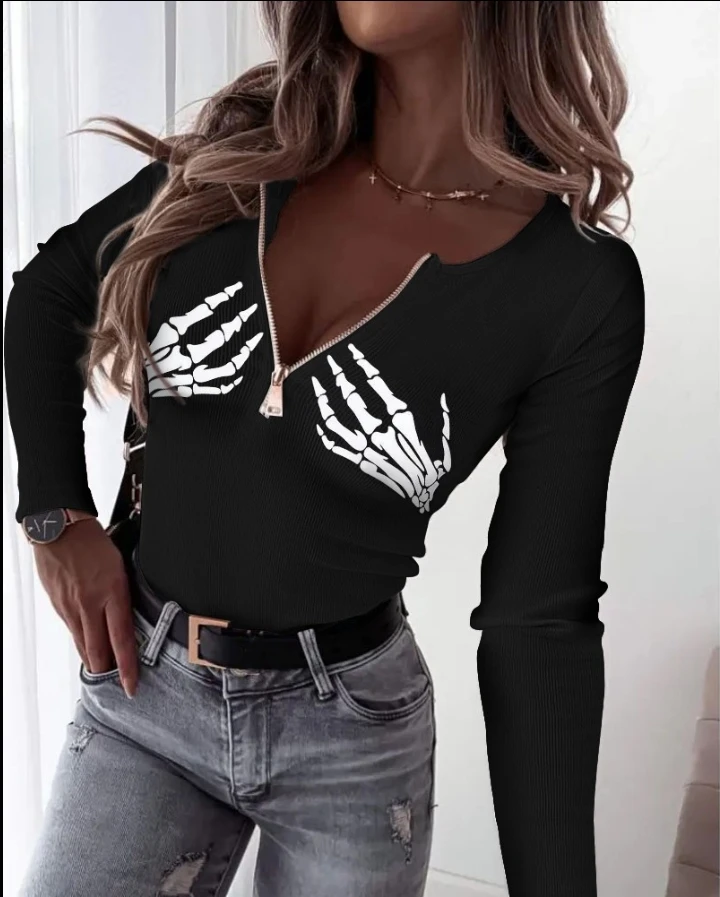 

Personalized Women's Long Sleeved Top with Slim Fit and Comfortable Halloween Skull Finger Print Front Zipper Ribbed Top