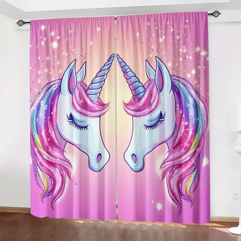 2pcs Unicorn Pattern Curtains, Rod Pocket Decorative Window Drapes Window Treatments For Bedroom Living Room, Home Decor 4