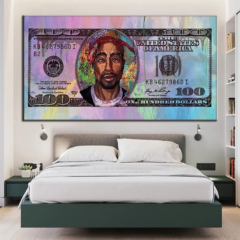 

Tupac 2PAC холст вдохновляющие картины за 100 долларов креативные деньги принты в виде рэпера звезды художественный плакат Настенная картина Дек...