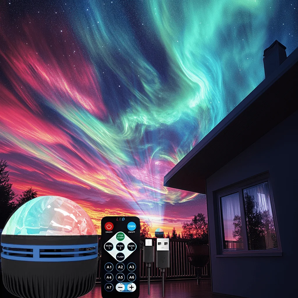 Veilleuse LED 7 couleurs ciel étoilé projecteur lumière aurore du nord lumière ambiante avec télécommande USB rotation automatique pour la décoration de la chambre