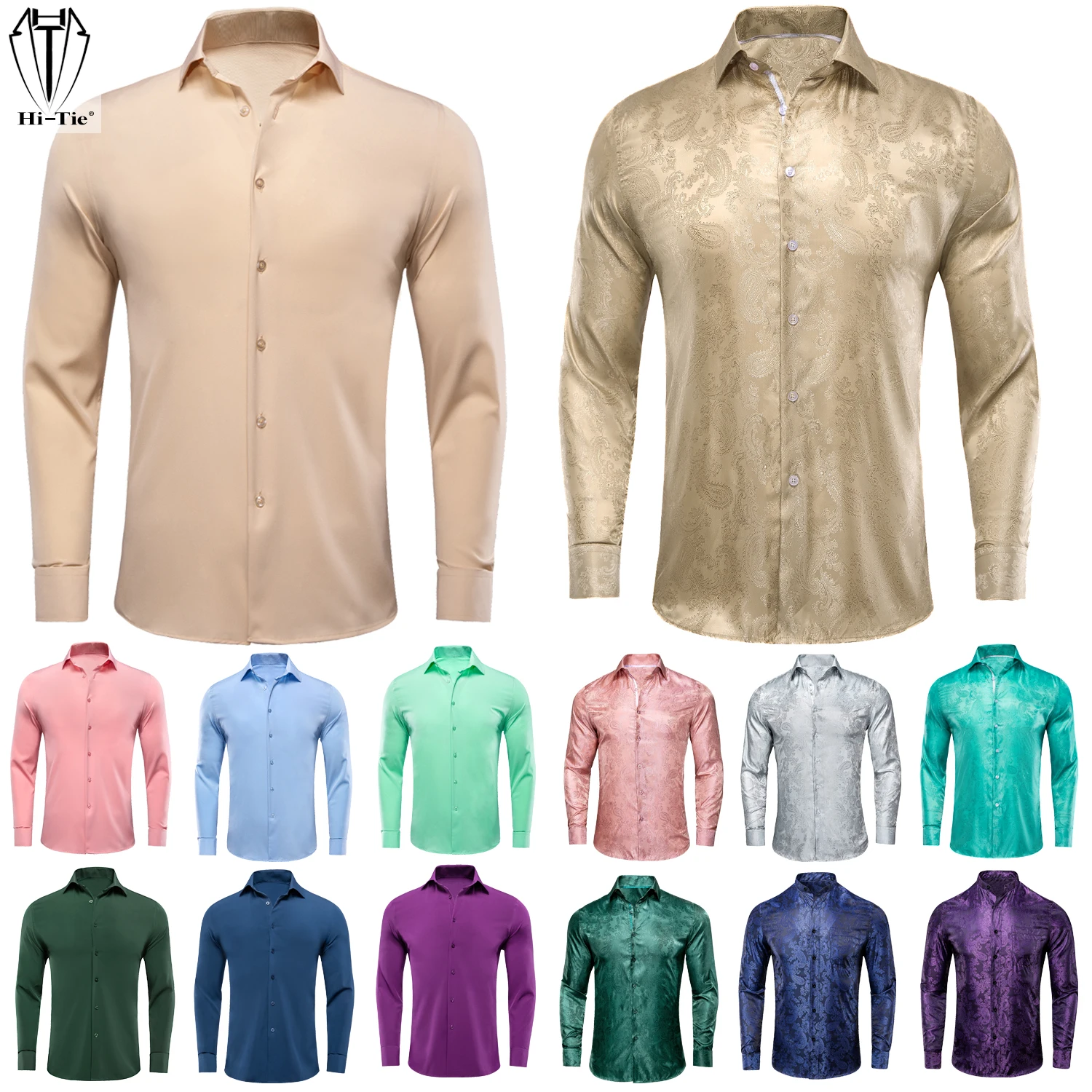 Hi-Tie Jacquard Silk Mens Shirts Long Sleeve Slim Lapel Dress Suit Shirt Casual Blouse Yellow Blue Mint Pink Purple Green Brown