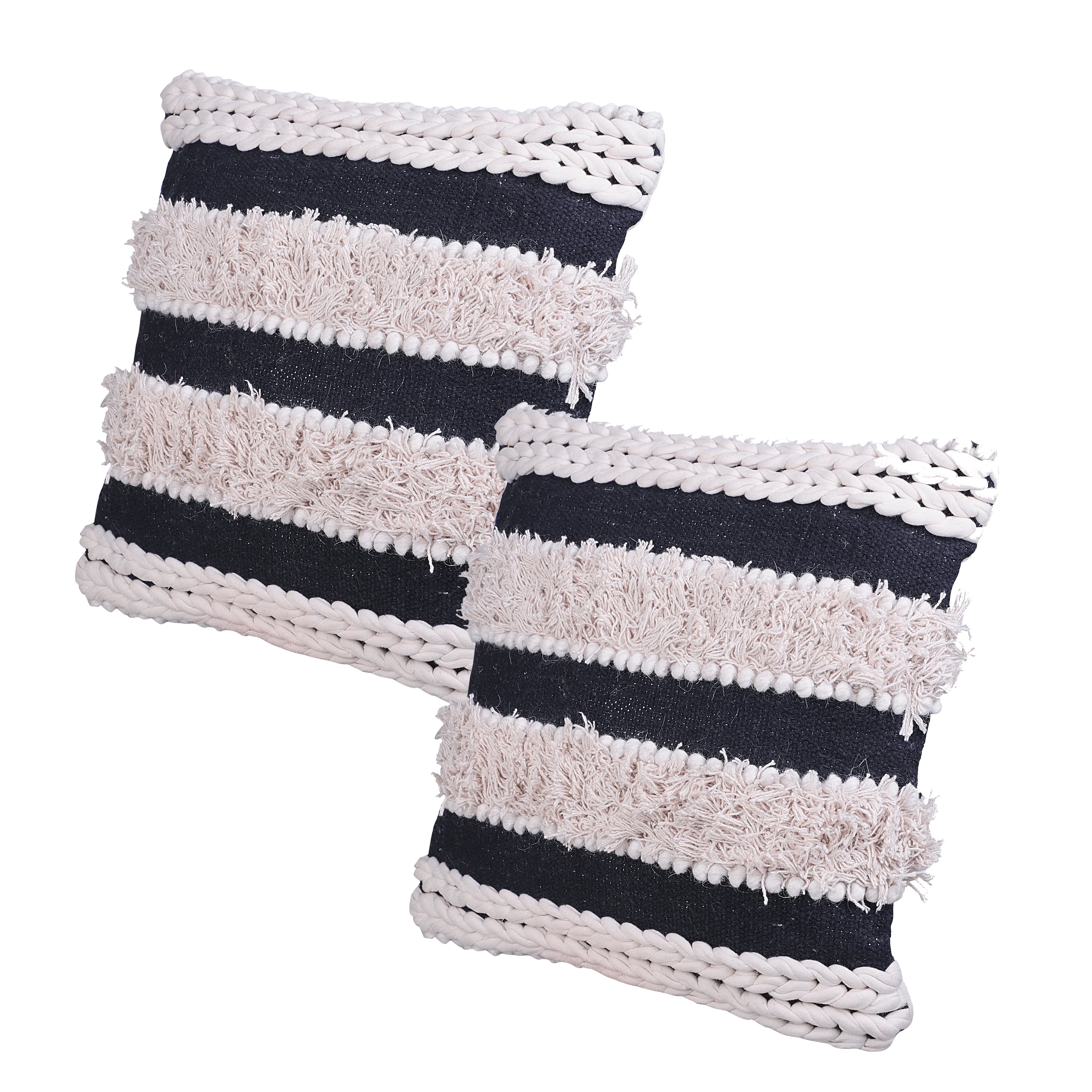 

18 x 18 Handcrafted Shaggy Cotton Accent Throw Pillows, Handknit Yarn, Set of 2, White, Black