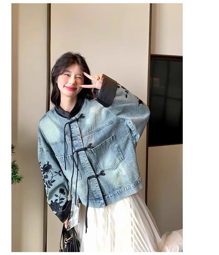 Chic Denim Jacket Women's Outwear 2026 Spring Autumn New Chinese Loose Embroidered Plus Size 3XL Jeans Short Coat Tops
