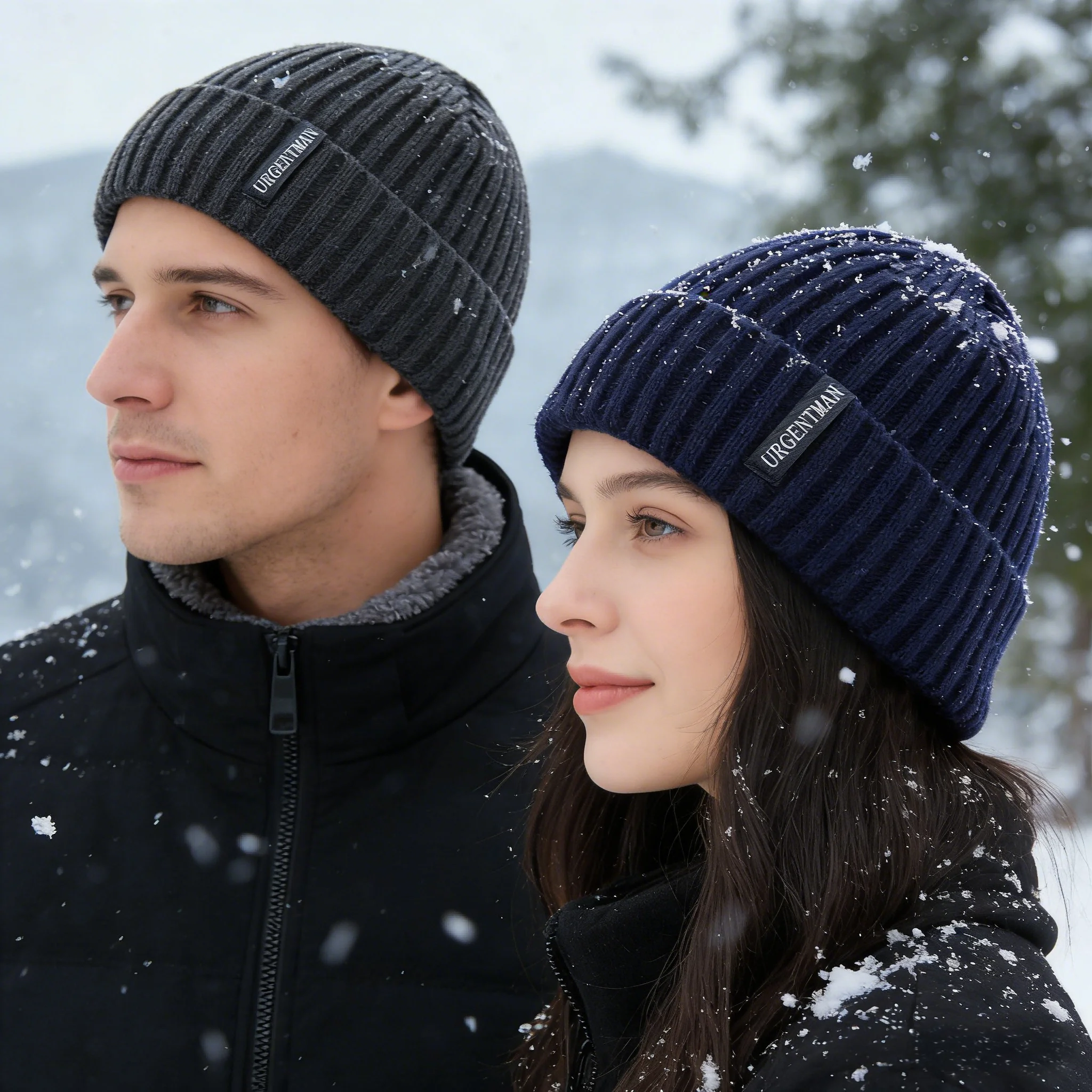New Unisex URGENTMAN Warm Winter Hats Stylish Plush Fur Lined Beanie Hat Thick Knitted Hats For Men & Women Casual Caps