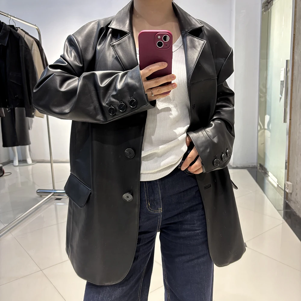 YOLOAgain Women's Oversized Suede Leather Blazer Single Breasted Real Leather Jacket Female 2025 Spring
