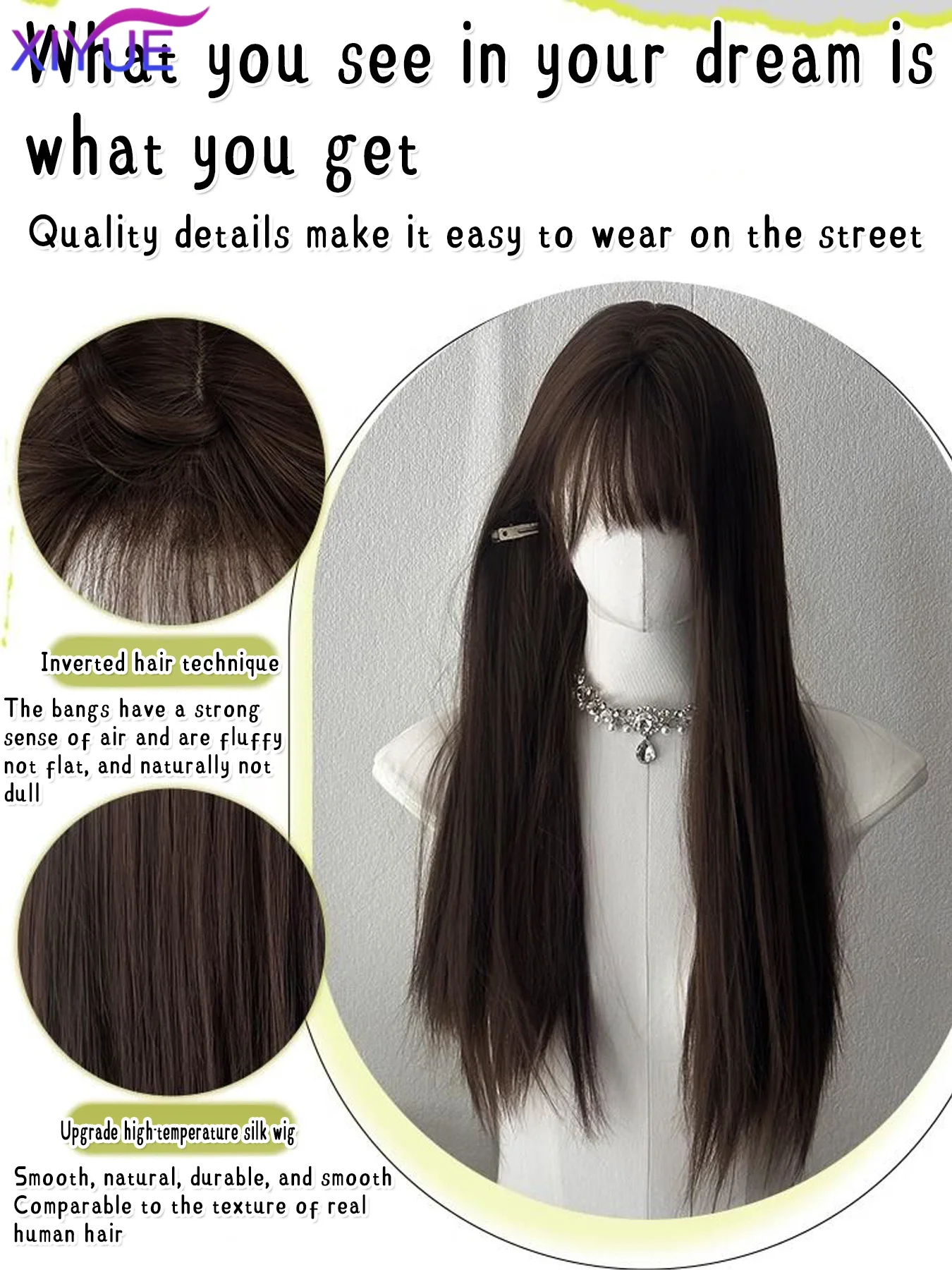 XIYUE 24inch Light Brown Synthetic Long Wigs For Woman With Bangs black Cosplay Lolita Wig for Women Daily Use Heat Resistant 가발