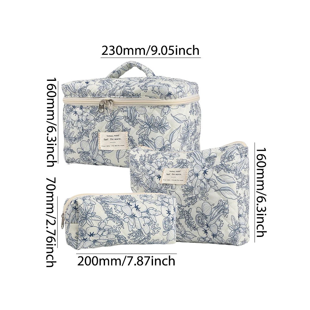 3pcs/set Storage Organizer Floral Quilted Makeup Bags Cotton Padded Cosmetic Bag Large Travel Toiletry Bag Women Zipper Wash Bag 6