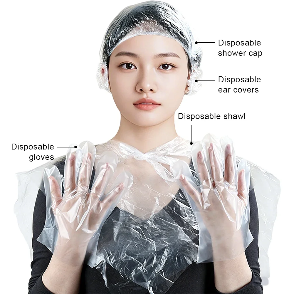 4개입 미용실 일회용품 샤워캡 귀마개 장갑 천 케이프 펌 염색 스타일링 보호 세트