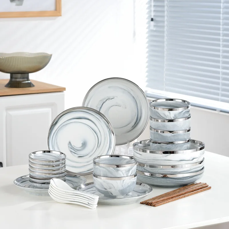 Nordic Style Silver Inlay Marbling Ceramic Dinner Sets Bowls Dish Plates Set Porcelain Dinnerware For Household Hotel