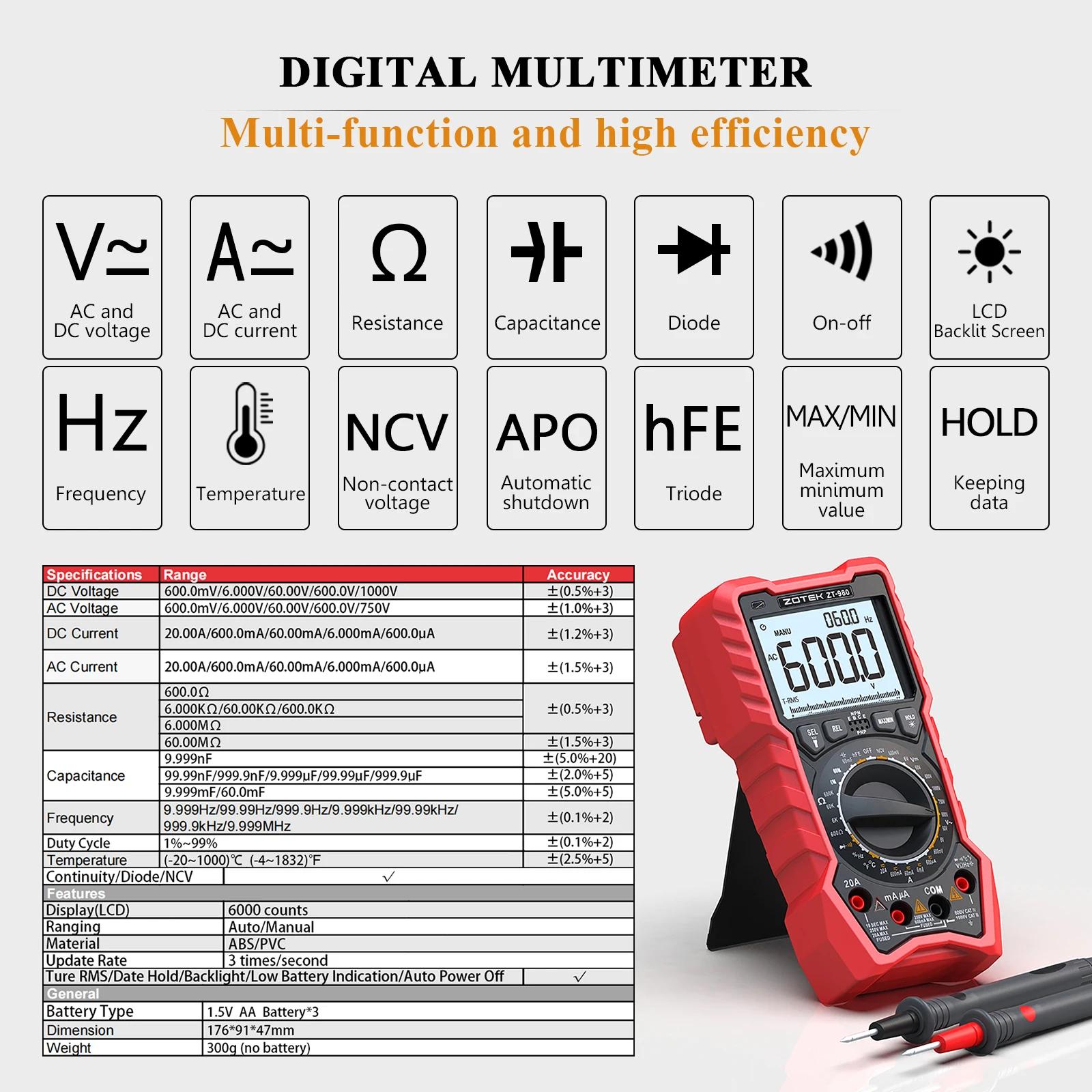 ZOTEK ZT-980 digital multimeter tester true RMS 6000 counts high precision display NCV measures voltage current resistance