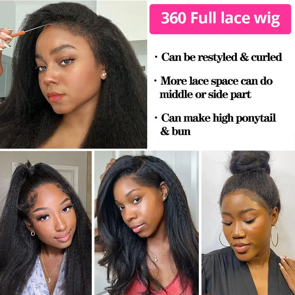 360 Invisi Strap Kinky Straight Wig Full Lace Yaki Straight Human Hair Wig Pre Plucked 200% Density For Women Choice 6