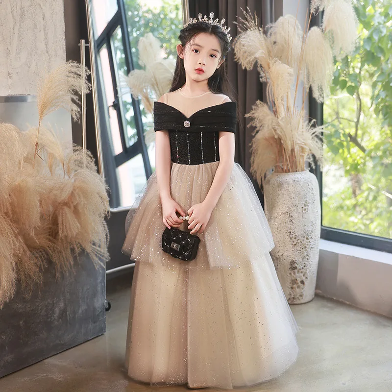 

Girls Evening Dress Infant Kids Shining Long Gowns Teenagers Piano Performance Pageant Costumes Children Luxury Prom Frocks