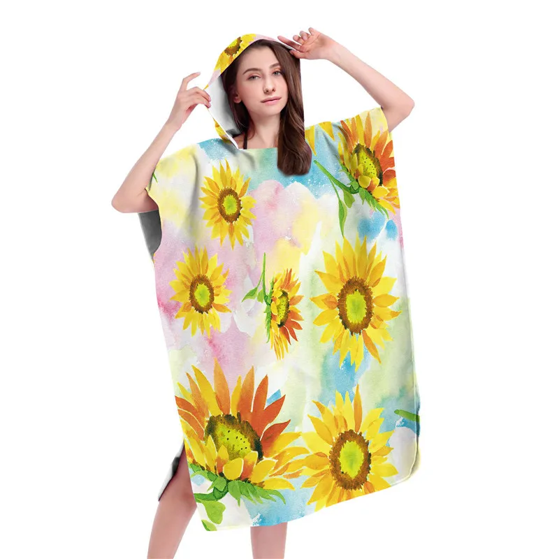 Microfiber Hooded Bath Towel Cloak for Adults Children Bathrobe Sunflower Changing Robe Pool Swimming Beach Towels Surf Poncho