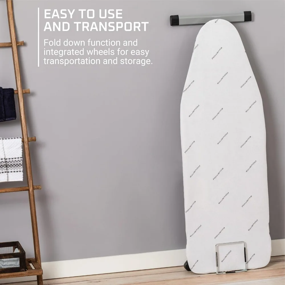 Compact 18x54 Inch Ironing Board by Rowenta with Folding Hanger Rack and 4 Legs, Space-Saving Design in Beige