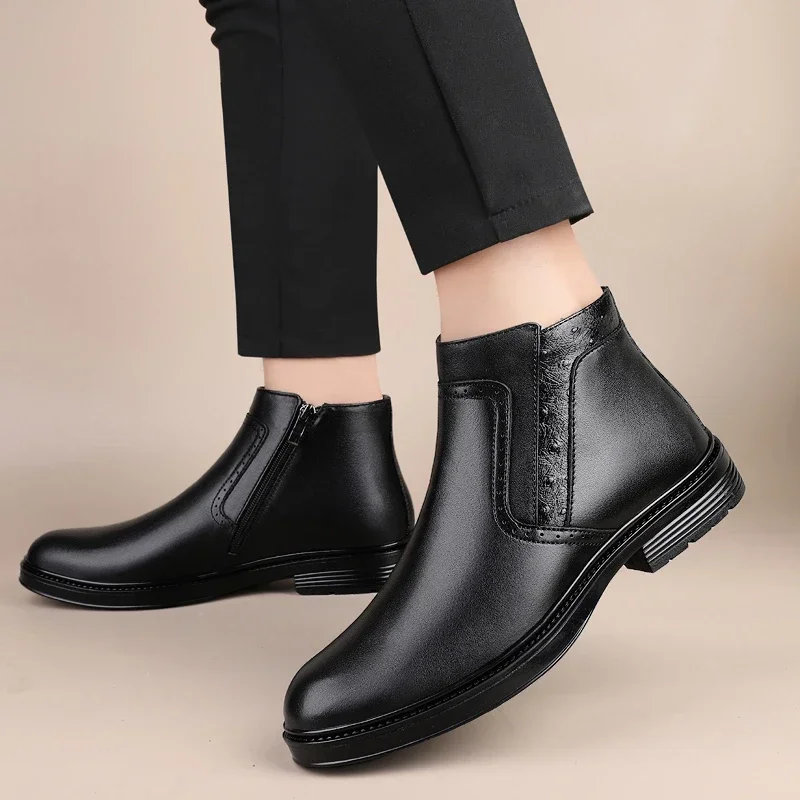 Shoes for Men 2023 Fashion Zipper Men's Boots Winter Round Toe Solid Plush Warm Short Barrel Chunky Heels Large Size Naked Boots