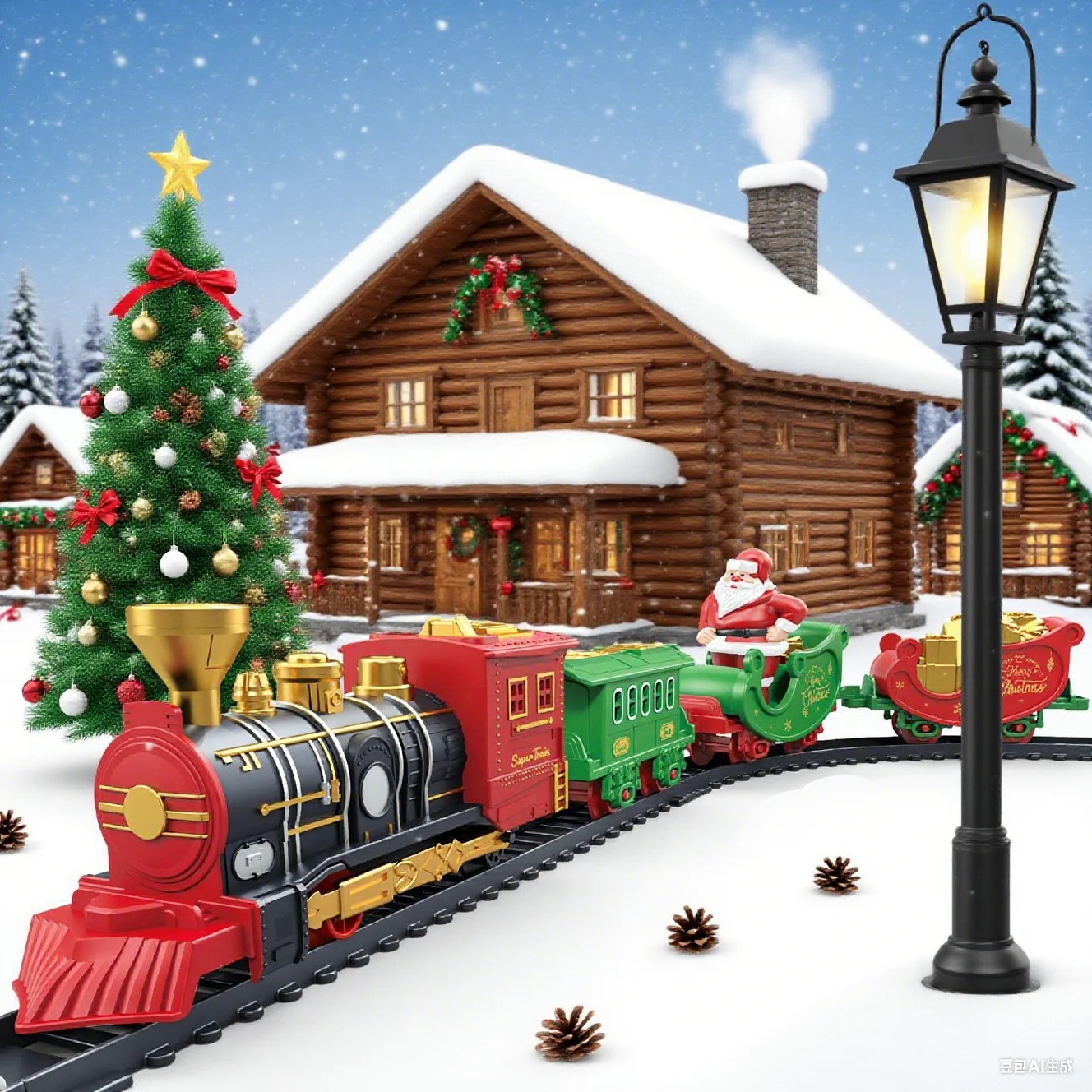 Christmas Electric Railway Set with Santa Sleigh Classical Train Rail Track Set Locomotive Playset Classic Train Toy Sound Gifts