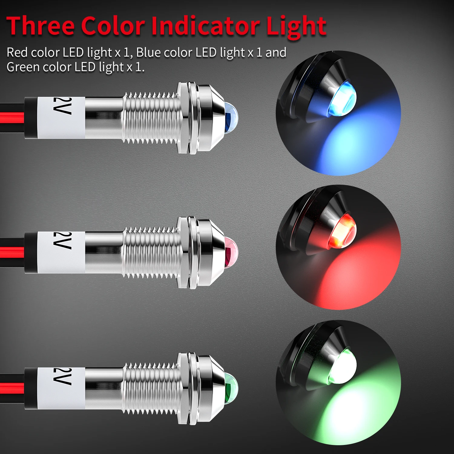 LED 표시등 12V DC 8MM 5/16인치 12볼트 방수 금속 LED 라이트 빨강 파랑 초록 램프 와이어 리드 포함 대시보드 자동차 트럭용