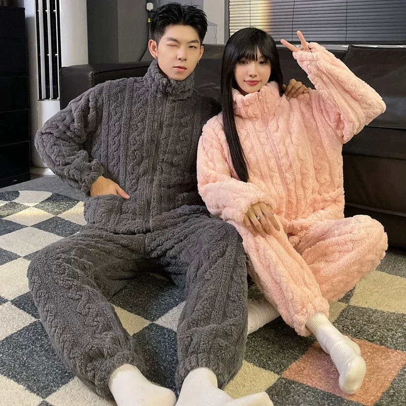 

2023 Winter Couple Long Sleeve Thick Warm Flannel Pajama Sets for Men Korean Coral Velvet Sleepwear Homewear Women Home Clothes