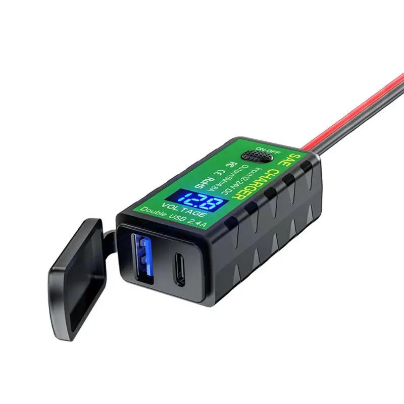 

12V 24V Motorcycle QC3.0 PD Type C SAE to USB Adapter with Voltmeter & ON/Off for Smart Phone Tablet GPS