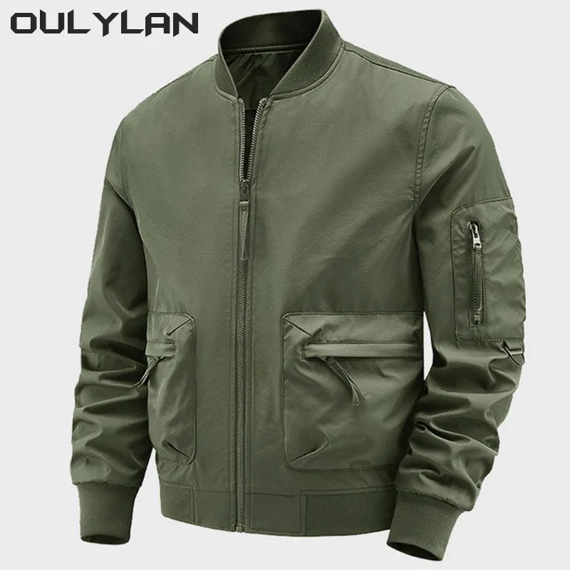 

Oulylan Men's Fashion Pilot Jacket Waterproof Military Tactical Jacket Long Sleeve Solid Color Front Zipper Casual Menswear