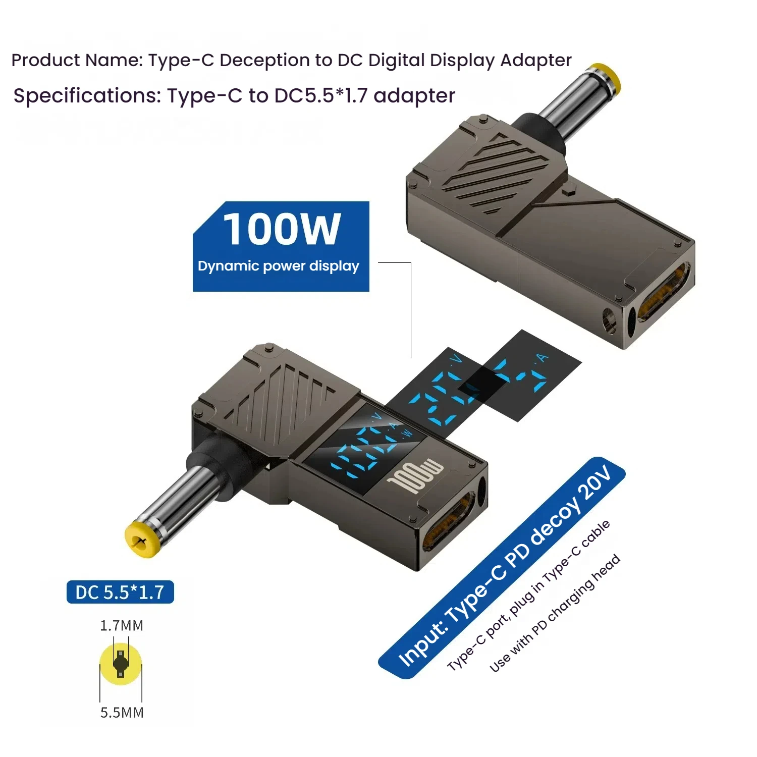 100W Laptop Power Charger Converter - Type-C to DC Male Adapter