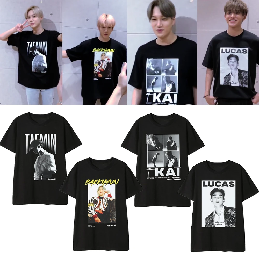 

ALLKPOPER KPOP SUPER M KAI LUCAS MARK TEN BAEK HYUN Taemin Taeyong Same T-shirt Short-sleeved T-shirts Korean Loose Summer Tops