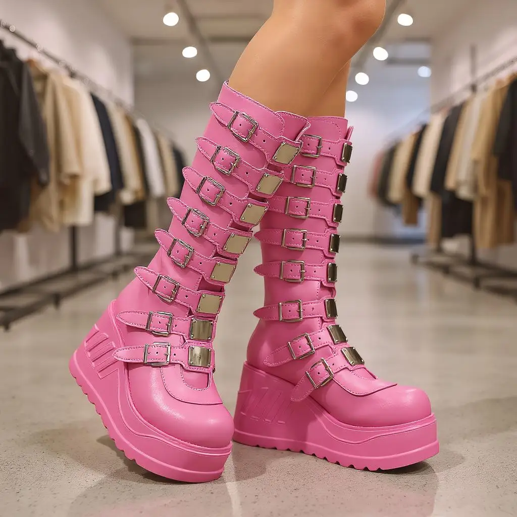 Women's Gothpunk Boots, Back Zip Platform Boots with Belt Trim - Suitable for Concerts, Theme Parties and Everyday Wear