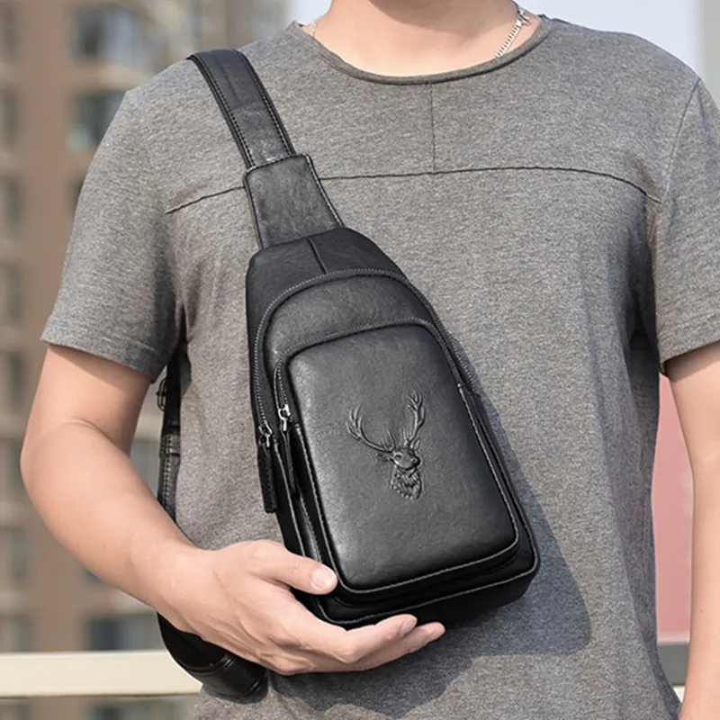 Business Genuine Leather Men's Chest Bag Fashion Black Man Sling Crossbody Bag High Quality Male Shoulder Messenger Bag